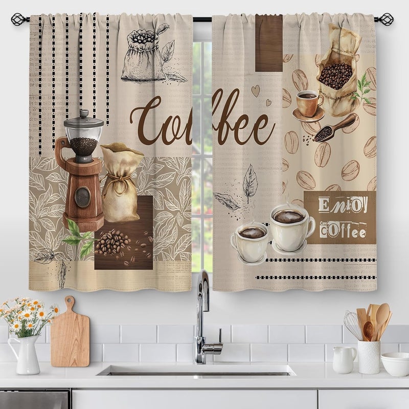 Aimego Coffee Vintage Kitchen Curtains - Restaurant Cafe Beans Theme Rustic Short Farmhouse Tier Curtains Decor for Living Room Rod Pocket Window Drapes 36 Inch Length 2 Panels Set 28"x36" - Image 1
